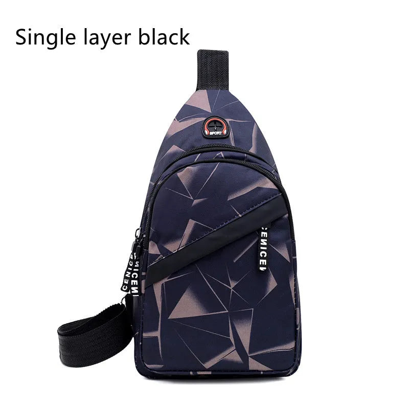 Men's Oxford cloth crossbody chest bag with earphone hole, showing zipper closure and vertical messenger style