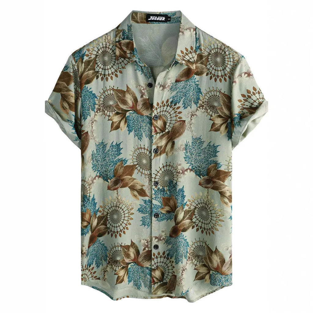 Man wearing a short sleeve Hawaiian print shirt with a floral lapel, made from elastic polyester fabric.