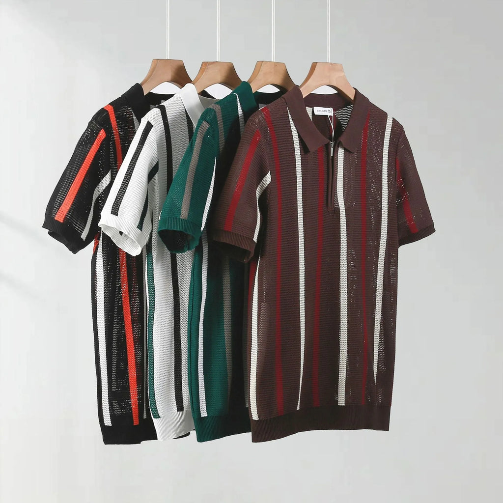 Men's black mesh polo shirt with chest zipper detail on hanger