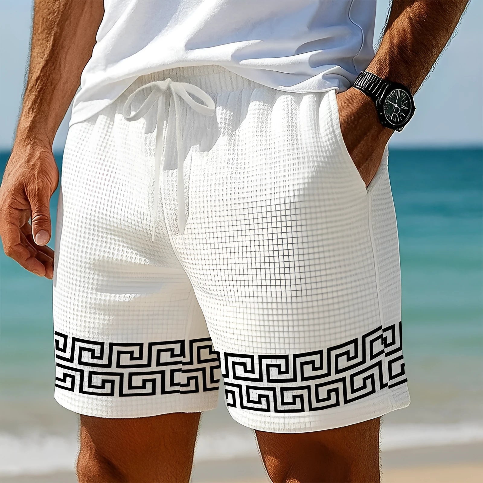 Summer men's American waffle loose shorts in Light Blue, sporty cut for teenagers