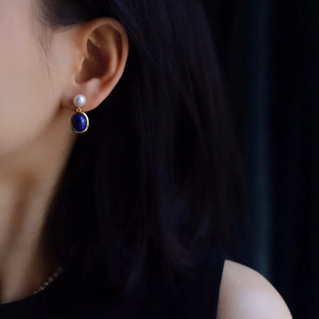 Lapis lazuli pearl earrings in sterling silver with simple style and auspicious patterns.