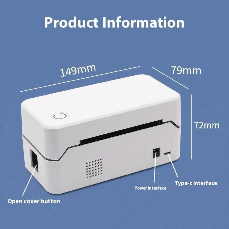 Compact Bluetooth thermal express order printer on countertop showing dimensions