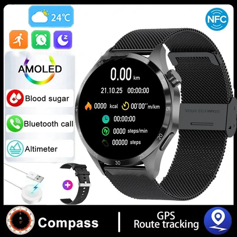 Black Bluetooth smartwatch with TFT screen, shown with both silicone and Milanese mesh strap options.