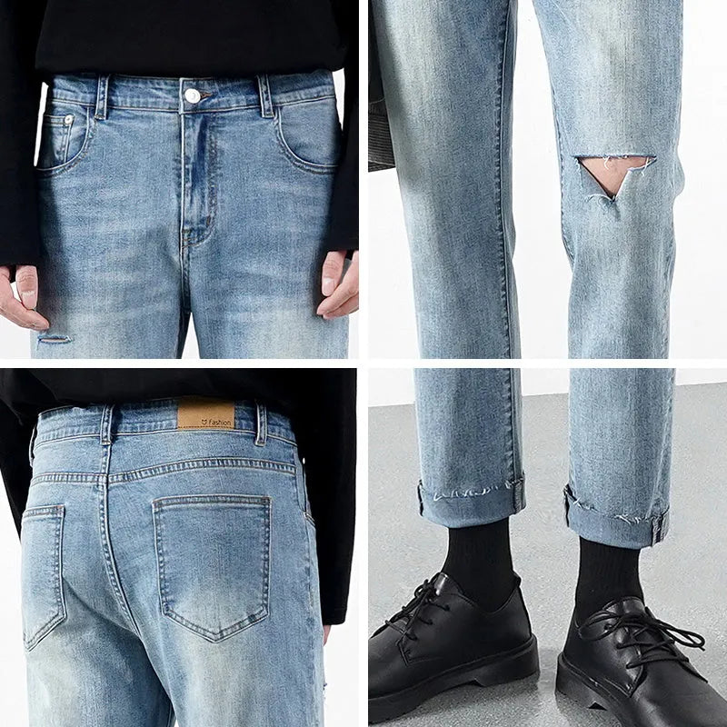Men's light summer ripped jeans in blue regular denim with microelastic stretch and distressed detailing
