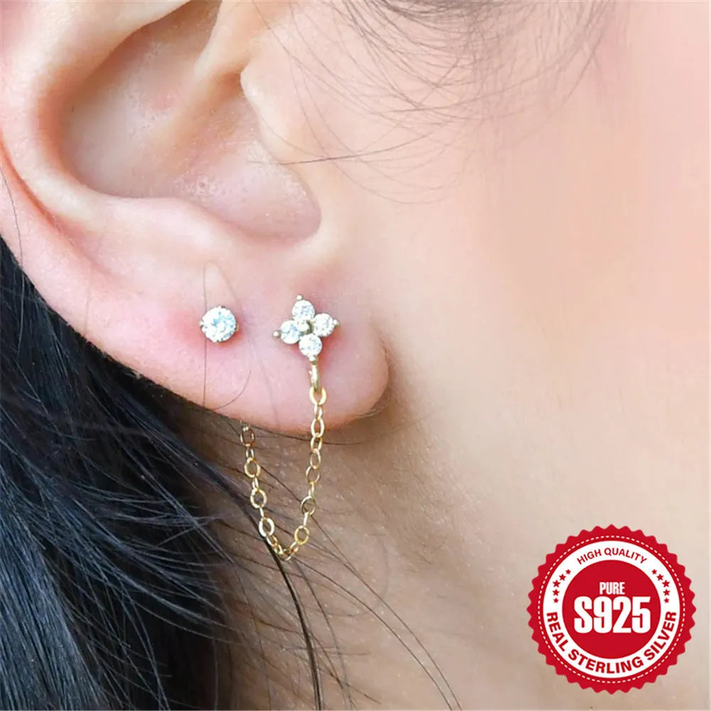 S925 sterling silver diamond flower tassel chain ear clip stud earrings in gold colour