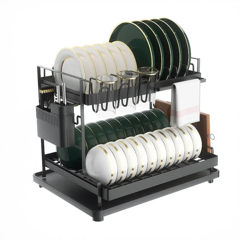 White double-layer kitchen draining rack with carbon steel construction for dish drying