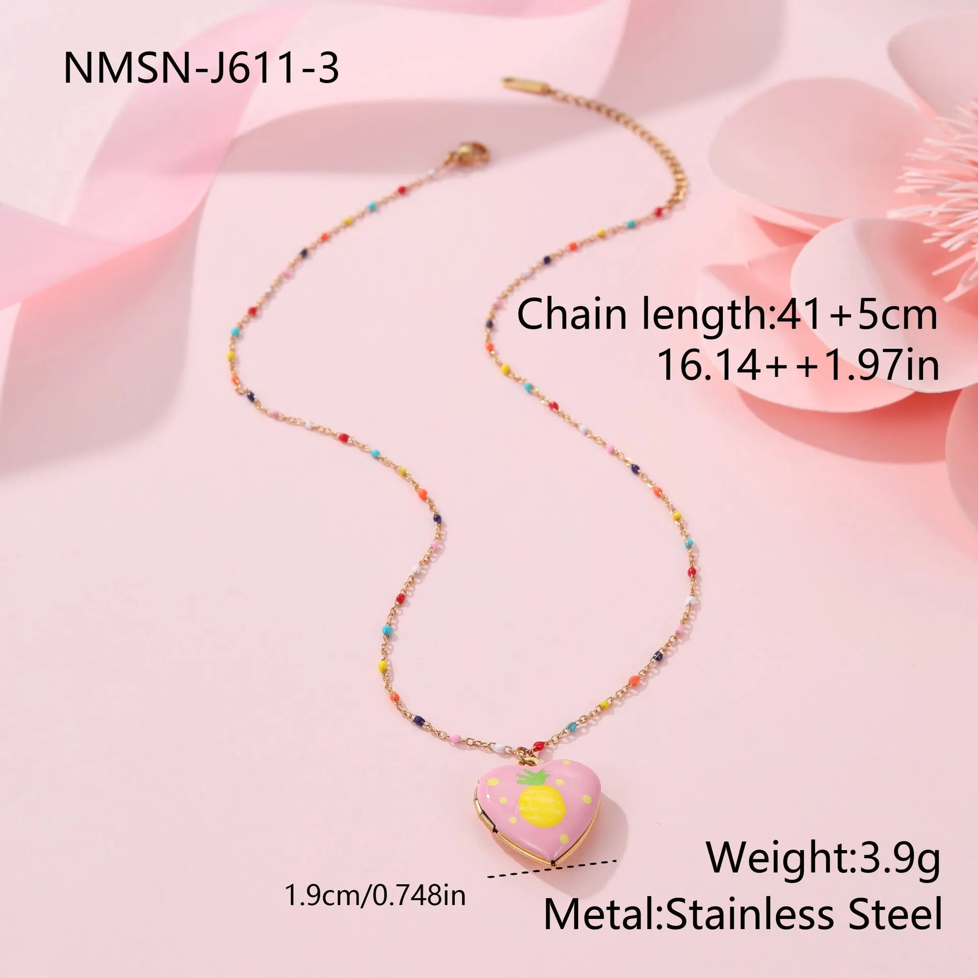 Stainless steel fruit pendant necklace with gold plating showing heart and fruit charm designs on adjustable chain