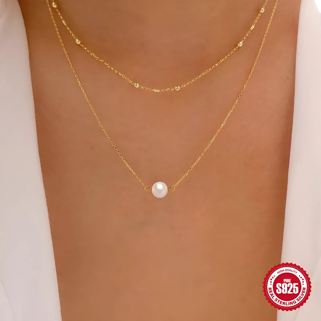 S925 sterling silver double layer necklace with twin pearls on geometric ball bead chain