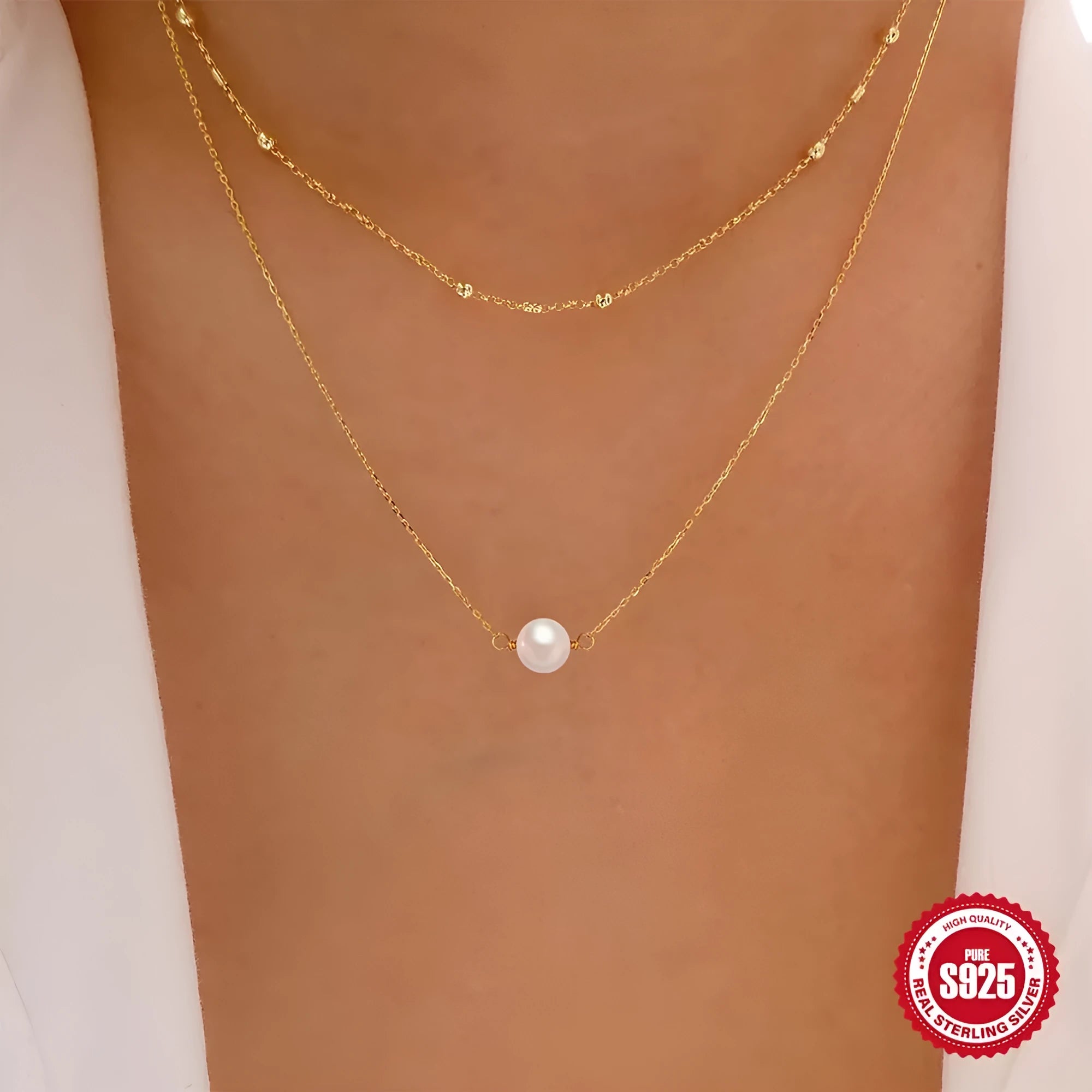 S925 sterling silver double layer necklace with twin pearls on geometric ball bead chain