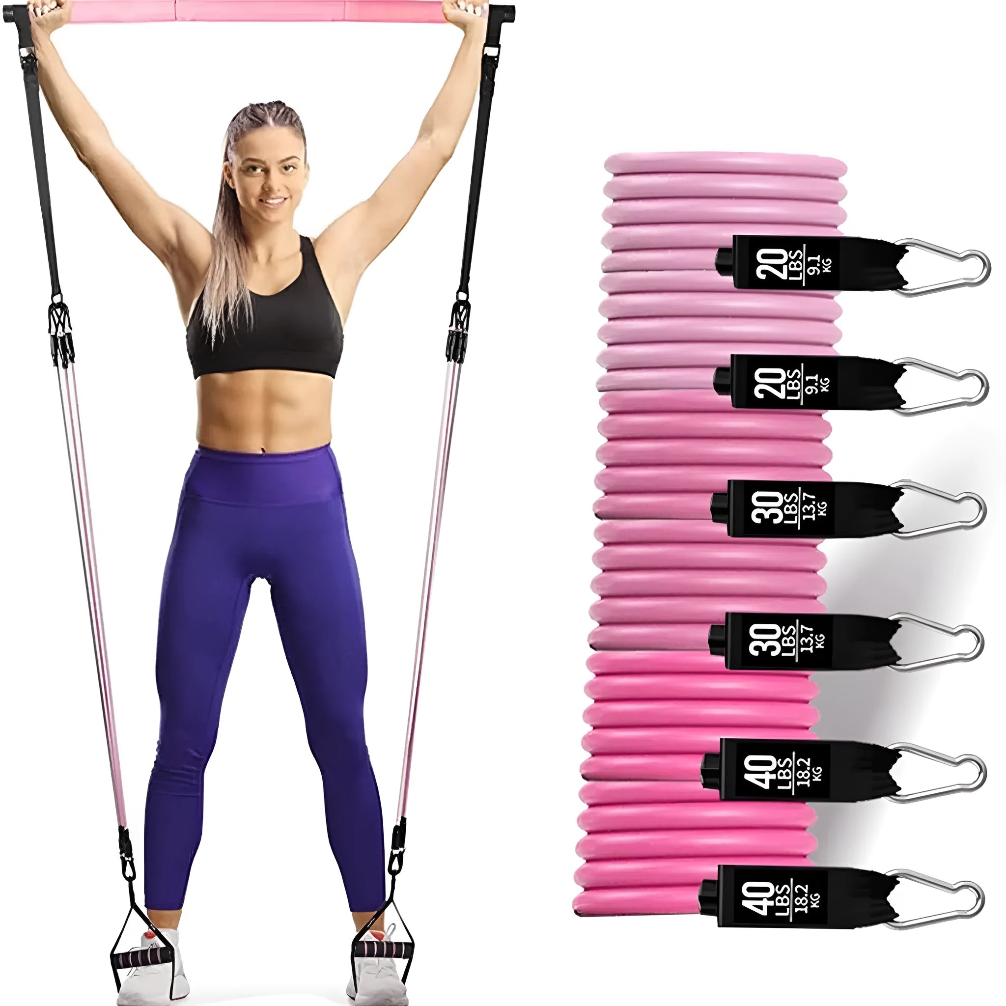 Yoga gymnastic bar set with black 180-pound resistance band and pull rope on a light background.