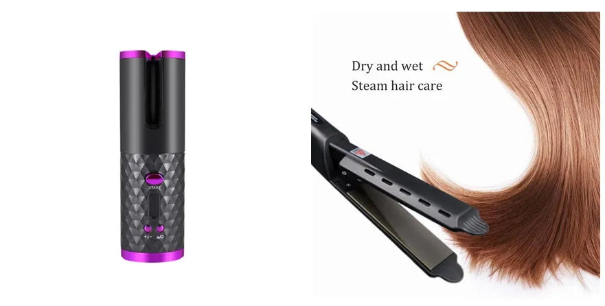 White portable automatic curling iron with a gold ceramic barrel and USB charging cable on a pink background.