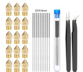 Brass MK8 nozzle and stainless steel cleaning pin for 3D printer maintenance.