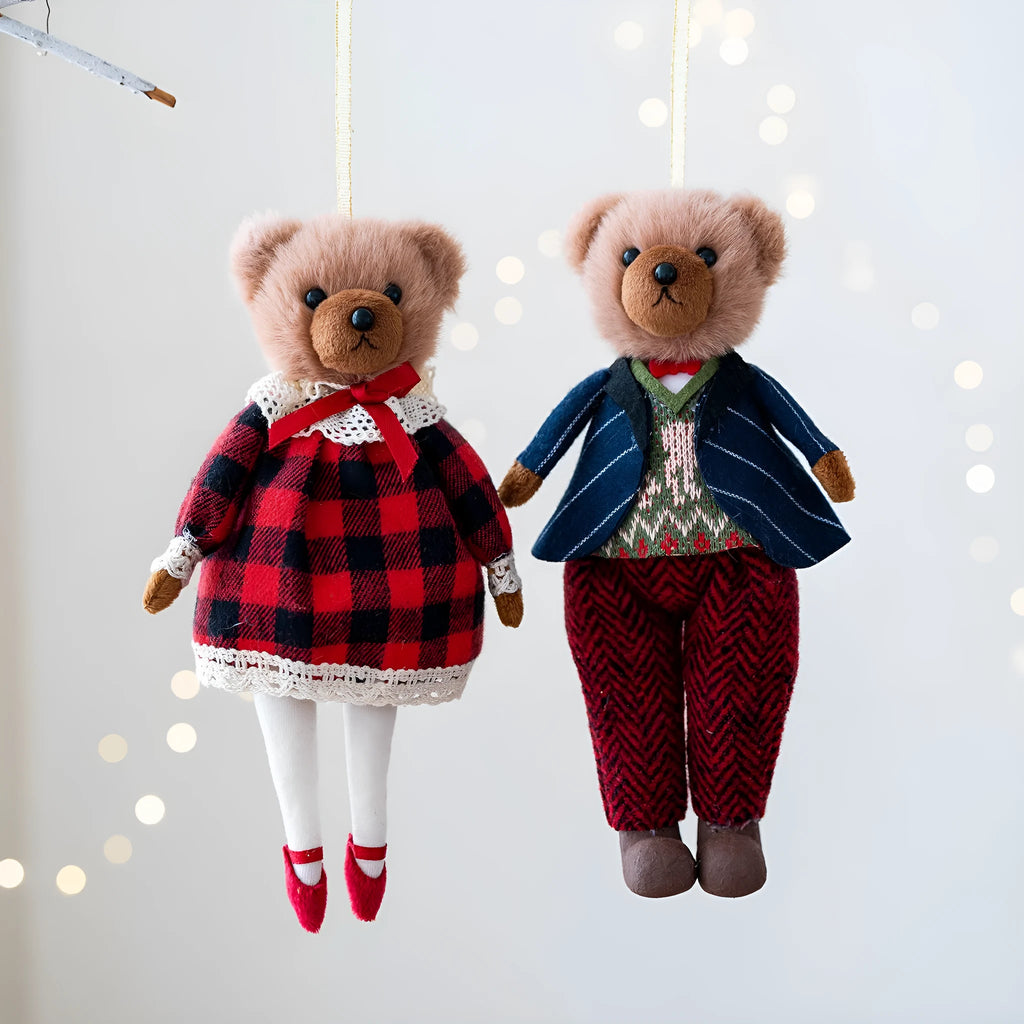 Cartoon plush bear doll with cotton suit and plaid print in gentleman and princess designs