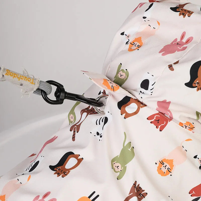 Beige cartoon dog raincoat with waterproof coating in small animal or cat head design