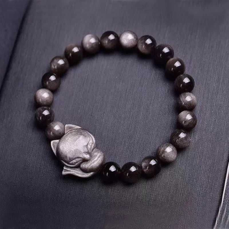 Obsidian fox adjustable bracelet with 8mm polished stone bead and silver fox charm on sliding knot