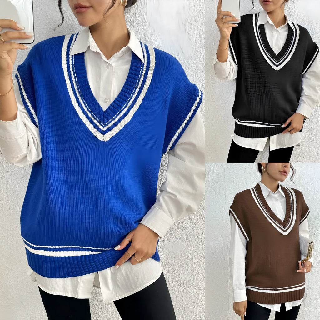 Women's college style casual vest sweater in loose fit with acrylic polyester blend fabric