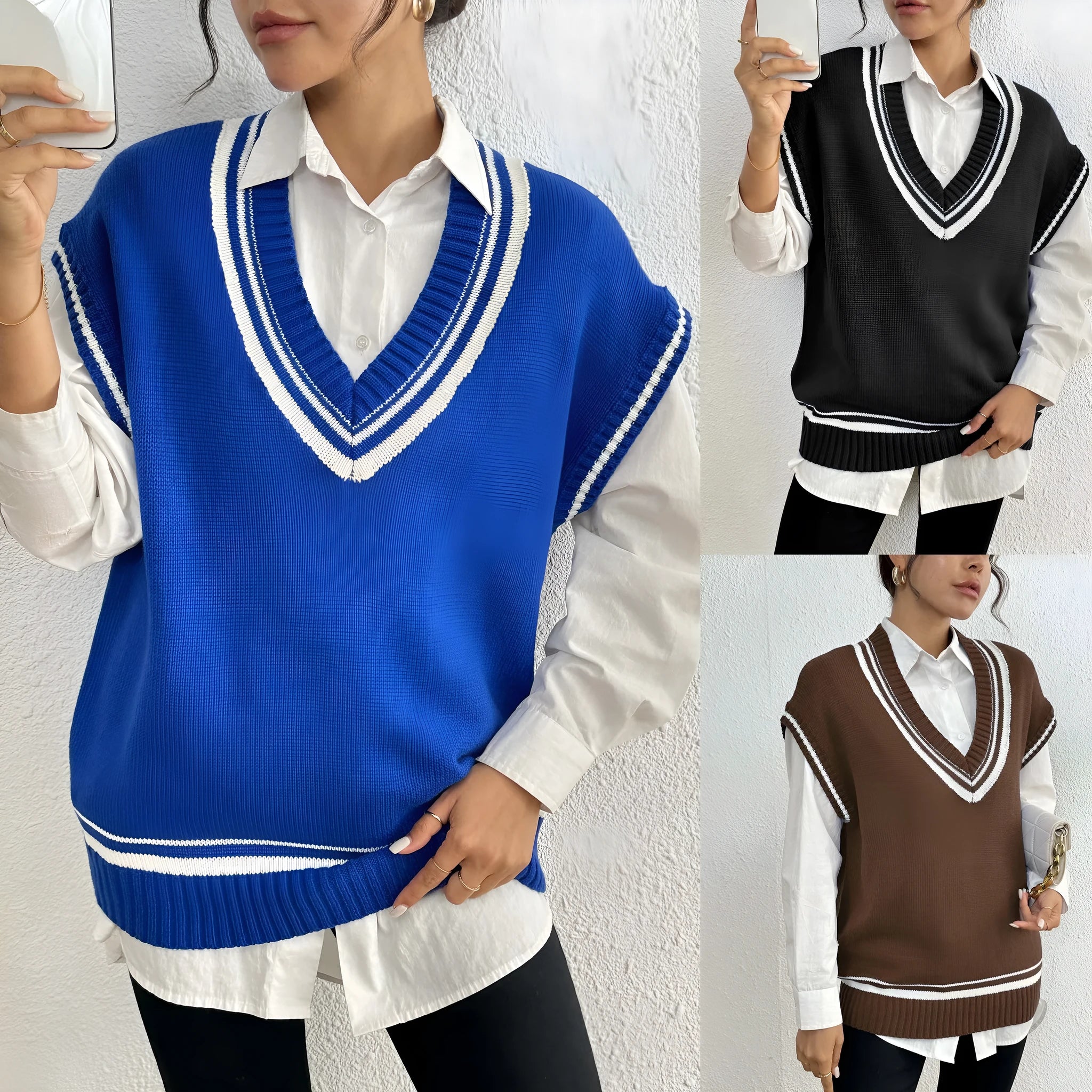 Women's college style casual vest sweater in loose fit with acrylic polyester blend fabric