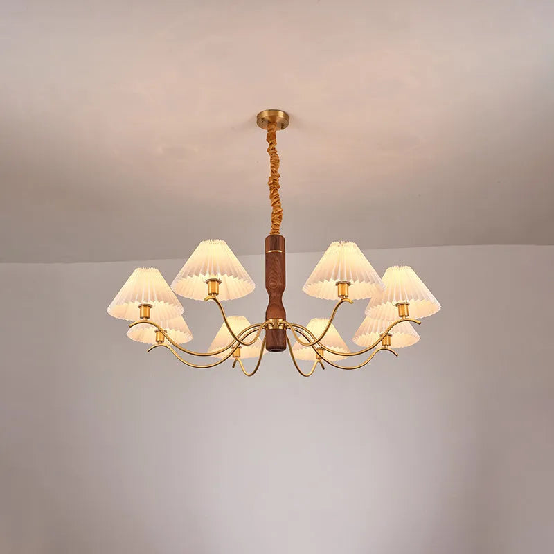 Retro style wall lamp with rubber wood base and fabric shade in walnut finish