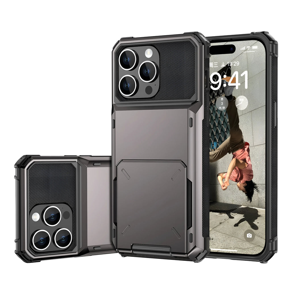 Gray fashion flip card phone case with PC material and card holder for iPhone 13