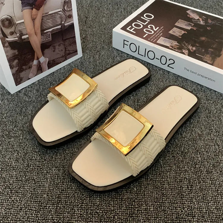 Women's casual apricot flat slippers with a waterproof PVC sole for summer.
