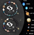 Set of twelve natural stone beaded bracelets with zodiac sign charm pendants on a white background.
