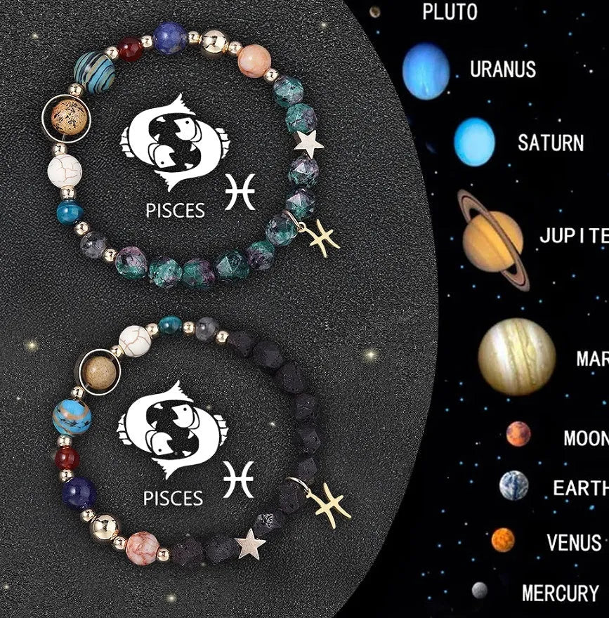 Set of twelve natural stone beaded bracelets with zodiac sign charm pendants on a white background.