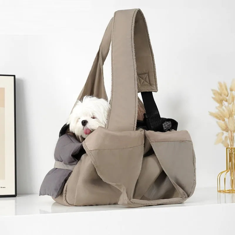 Apricot cloth pet carrier handbag showing portable design for pet transport