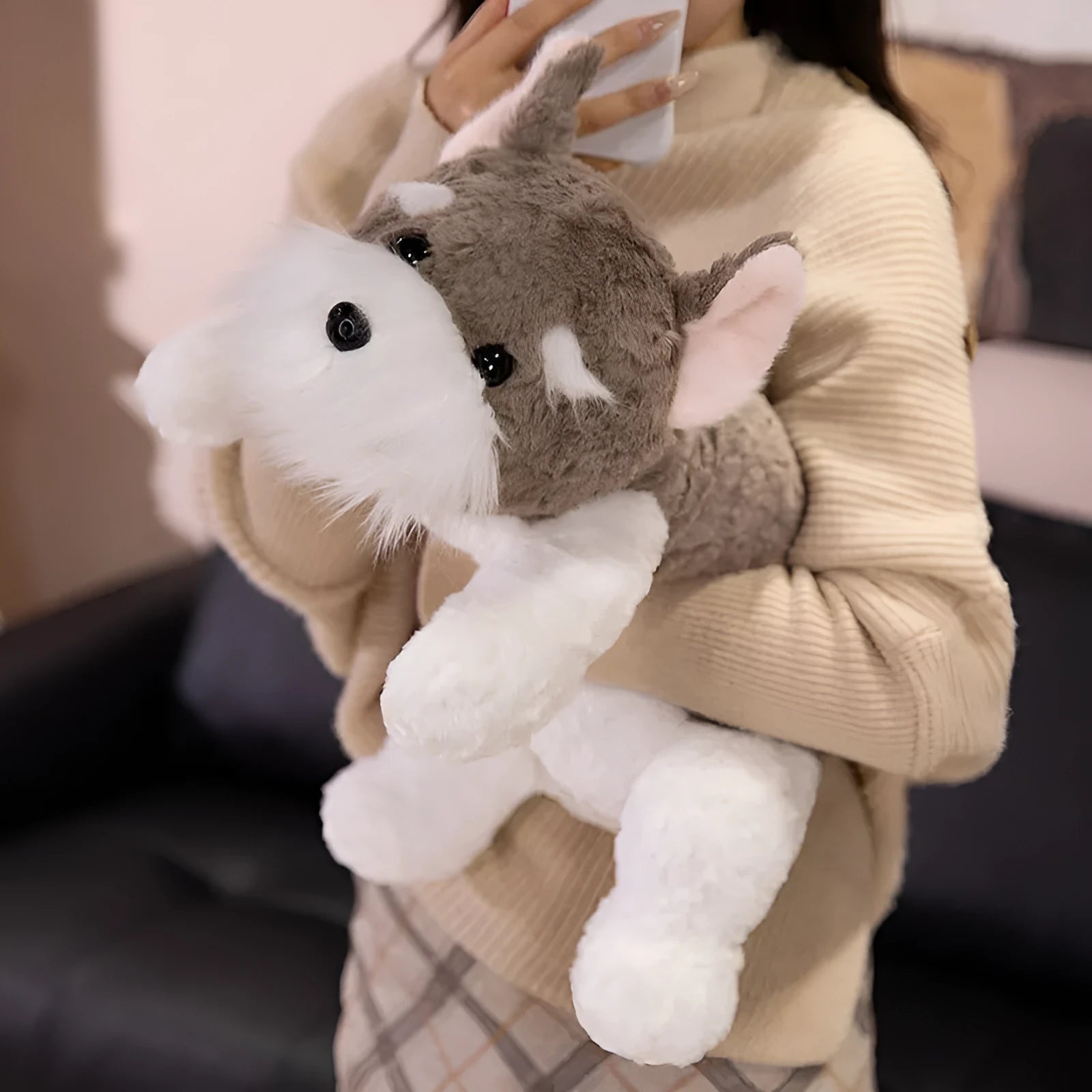 Fashion creative schnauzer plush toy in khaki cloth velvet, 45cm height