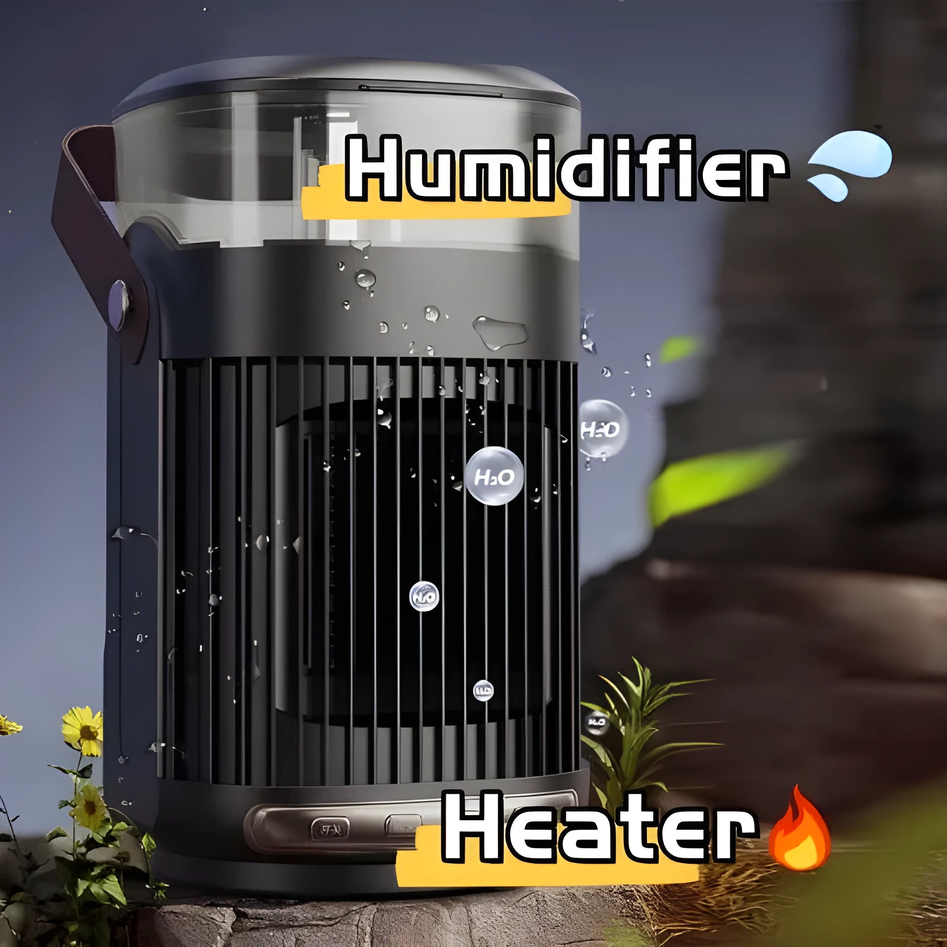 Black portable heater with humidifier, compact design with front control panel