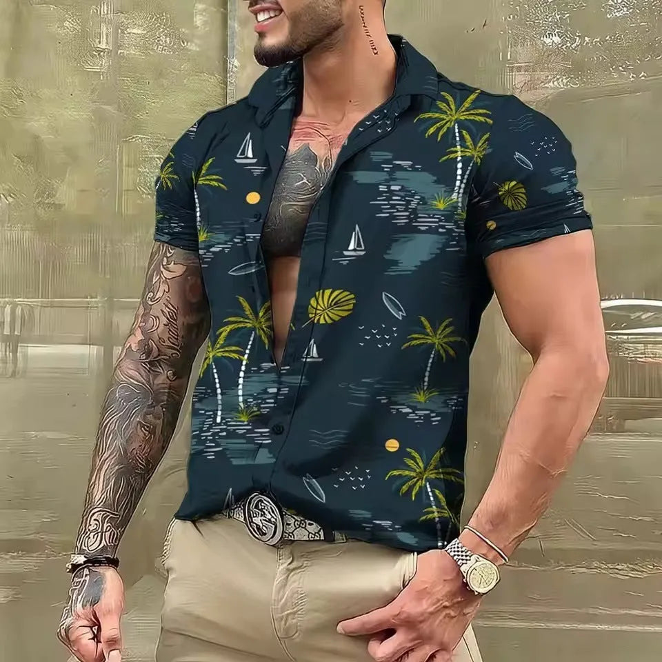 Men's loose floral beach shirt with short sleeves in polyester fabric