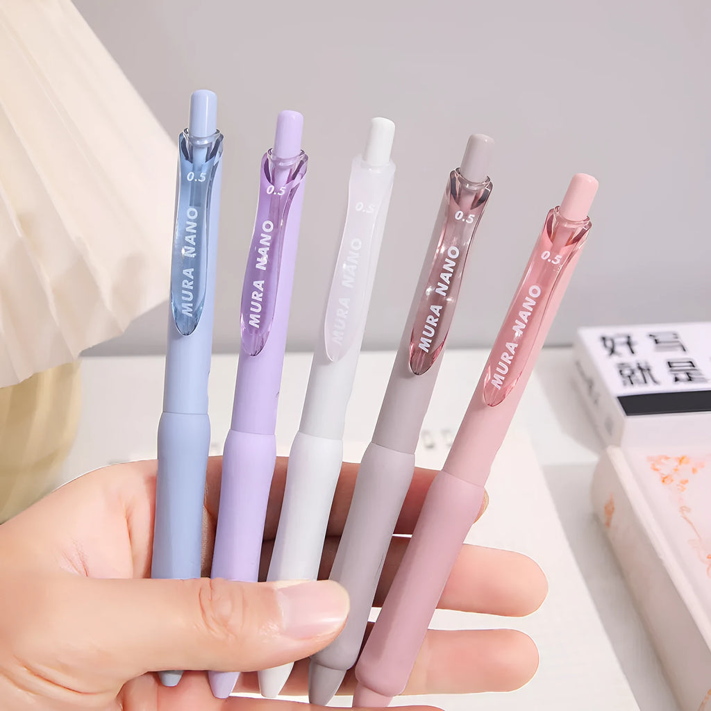 Macaron colour press gel pen with 0.5mm tip showing three refill options: smoked brown, smoked powder, smoked white