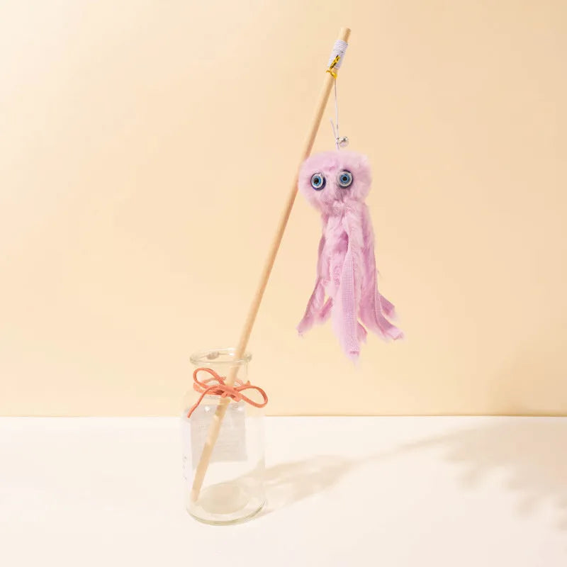 Octopus-themed furry cat toy with eyes on 40cm long stick for indoor kitten play