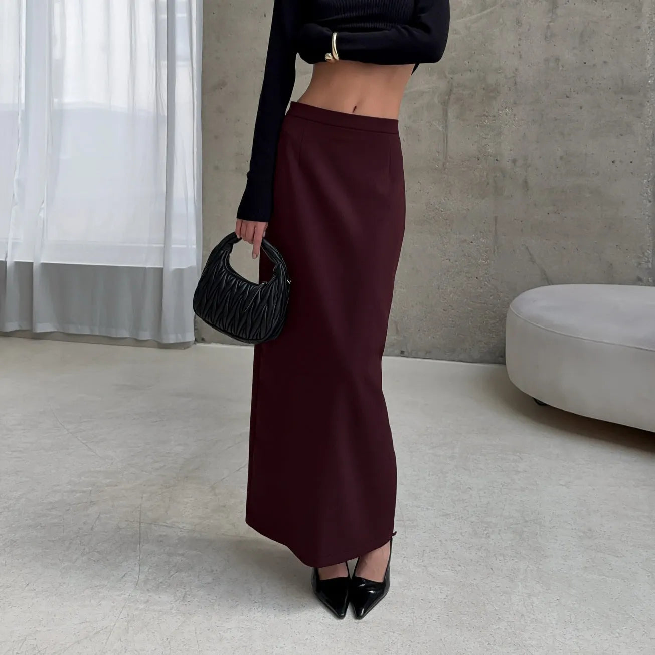 High waist straight skirt dark brown polyester split design front view