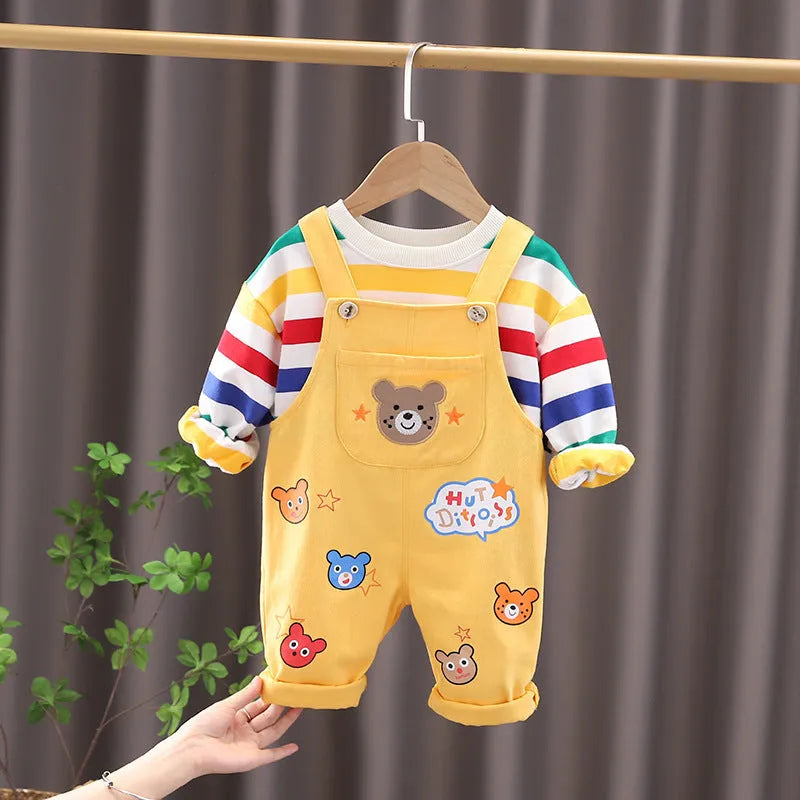 Boys' plaid cotton top overalls suit in beige with strap pants, suitable for 80-120cm height