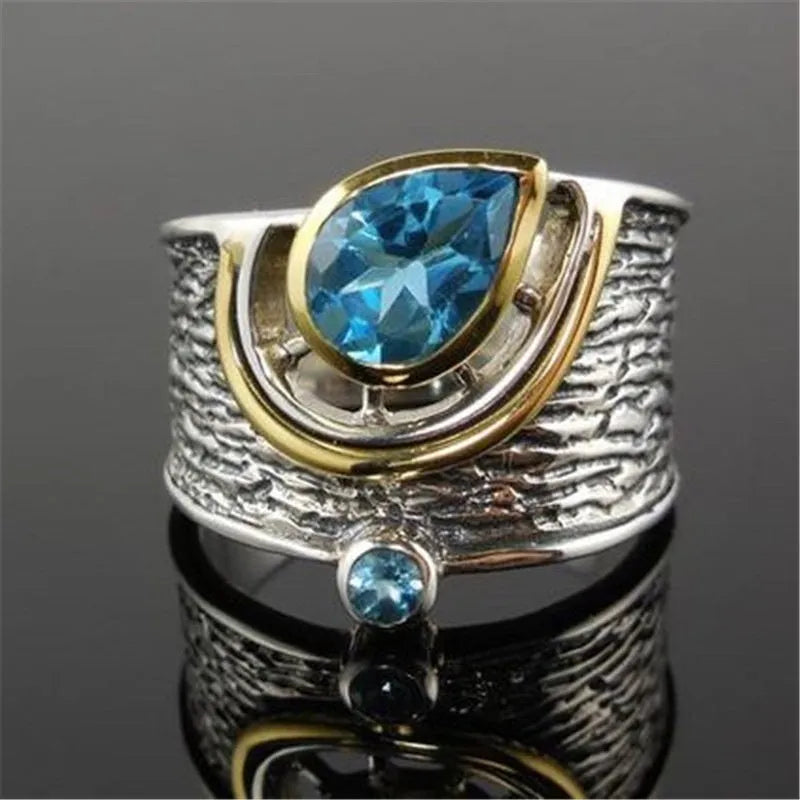 Blue Chinese-style women's ring with rhinestone detailing in drop shape, available in sizes 6 to 10.