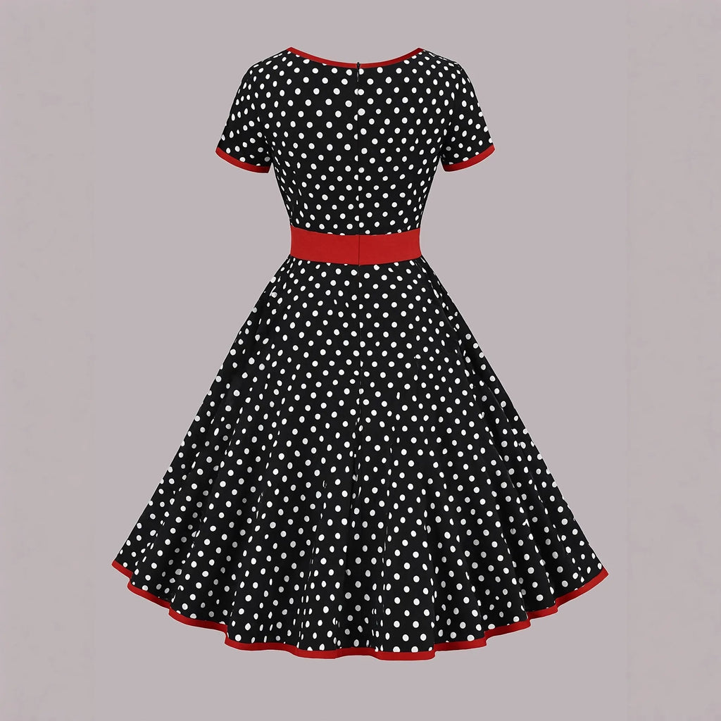 Multicolour polka dot pleated midi dress with a square collar, short sleeves, and a front zipper.