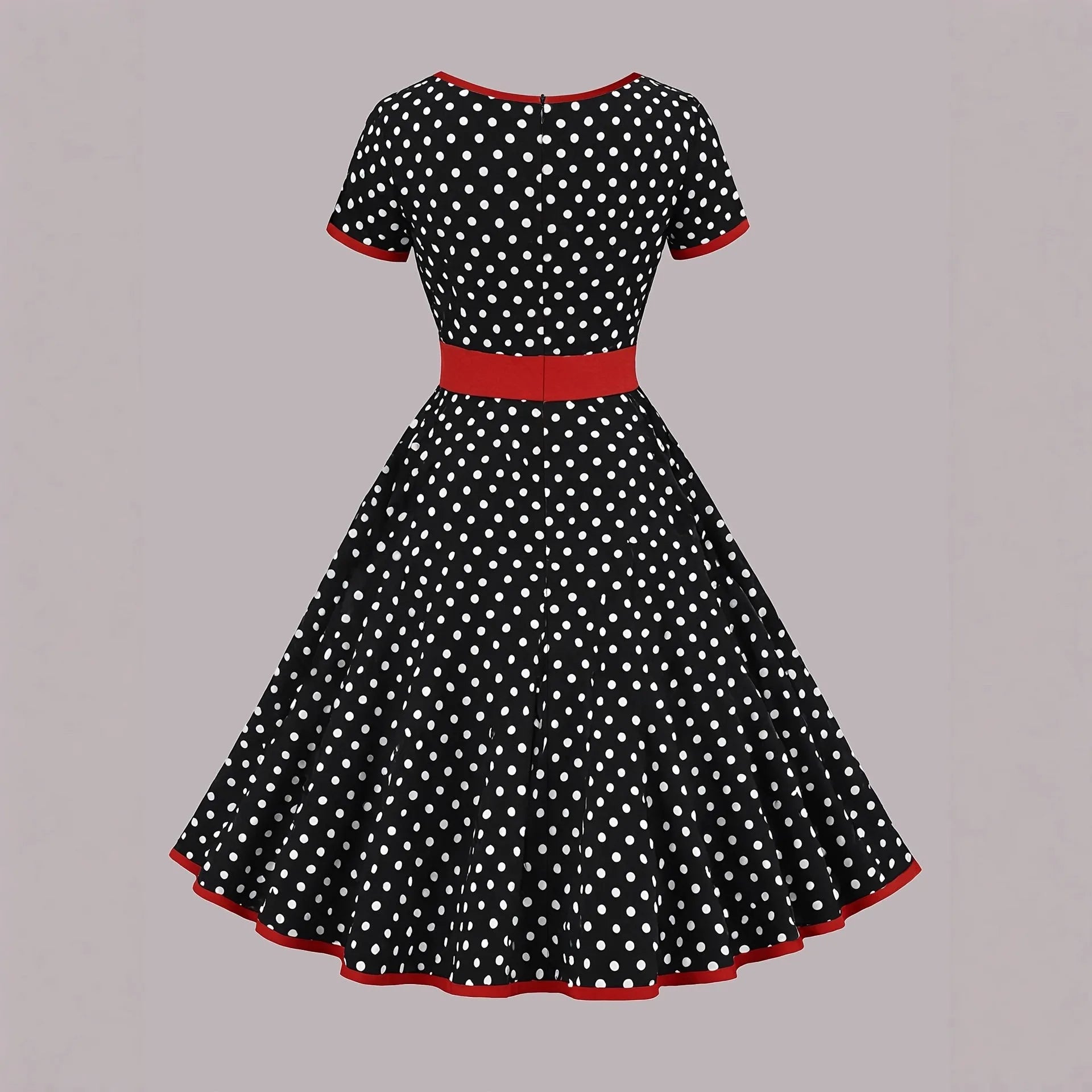 Multicolour polka dot pleated midi dress with a square collar, short sleeves, and a front zipper.