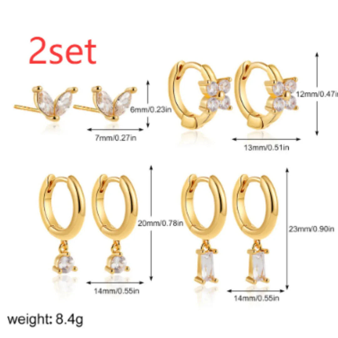 Four pairs of women's geometric square earrings with gold electroplated finish and zircon detailing