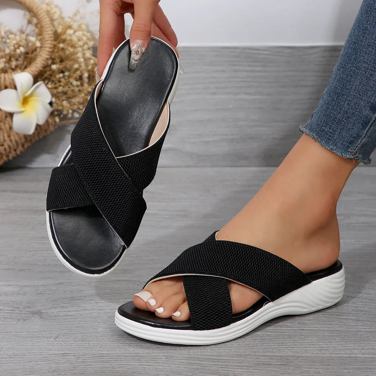 Black wedge peep-toe slippers with thick rubber sole and PVC upper for women