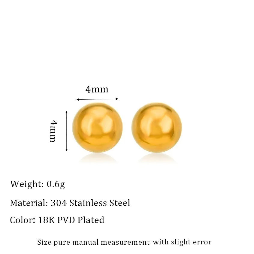 Stainless steel round ball stud earrings on a white background, showing gold and silver plated options.