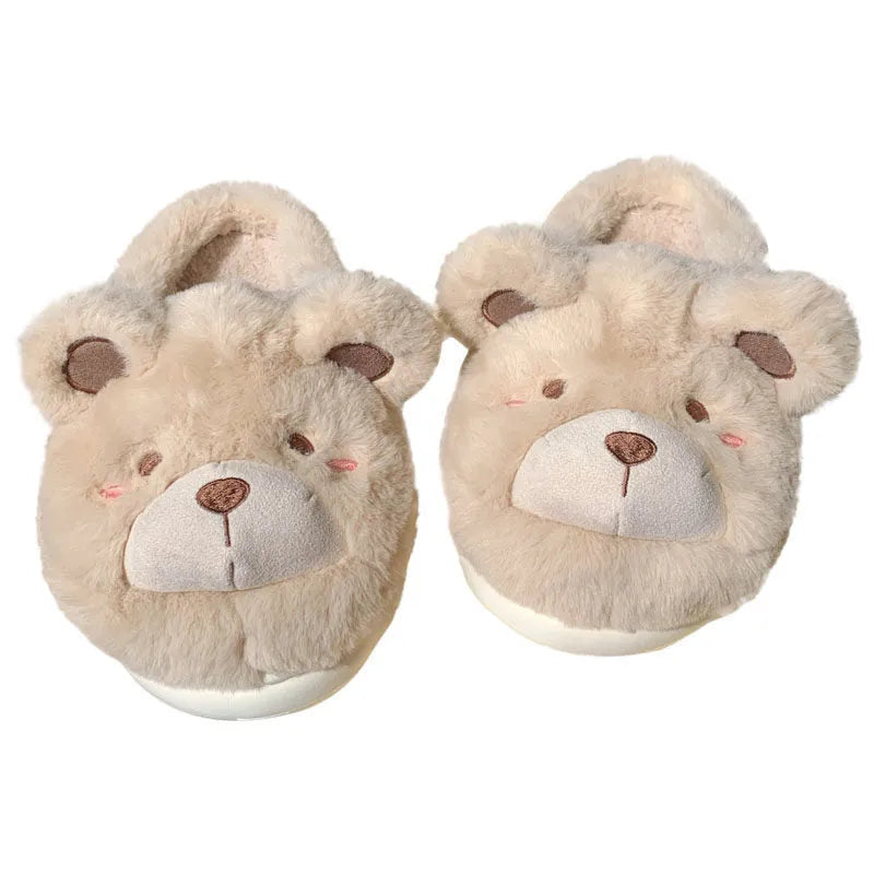 Women's plush slippers with suede upper in round toe design and cartoon pattern