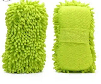 Silvery green car wash sponge with microfiber chenille construction measuring 14x25cm
