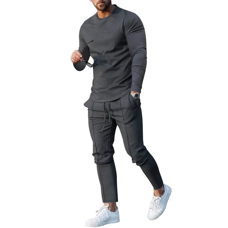Men's light grey round neck long sleeve T-shirt and trousers two-piece polyester casual set