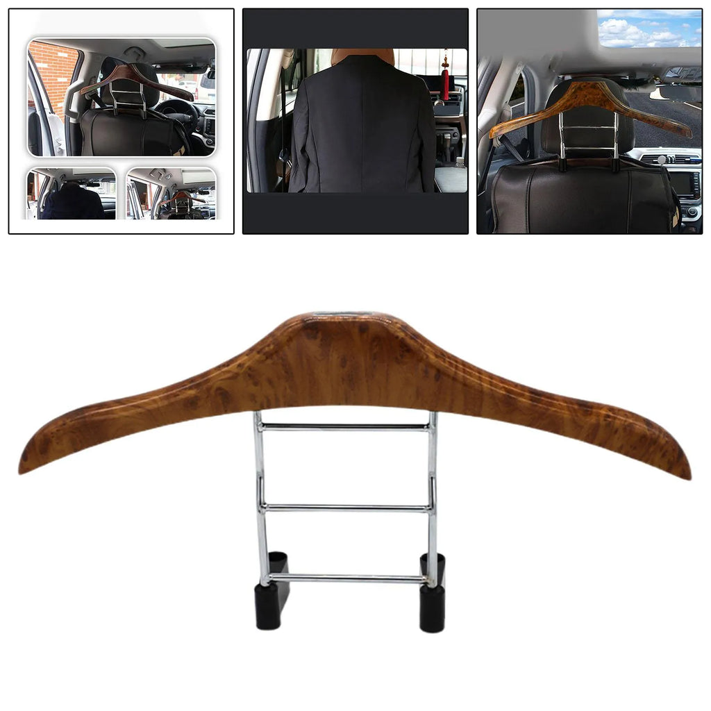 Wood yellow stainless steel car clothes hanger measuring 46.5cm by 23cm