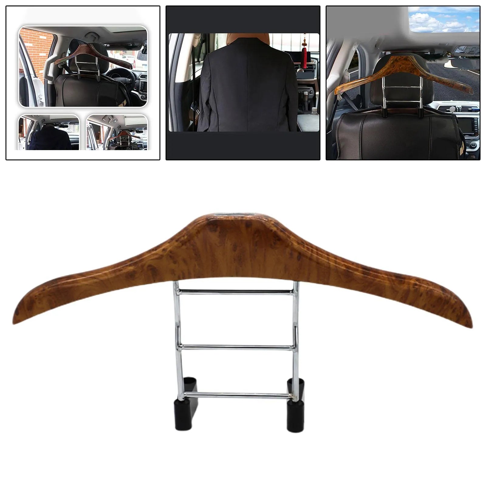 Wood yellow stainless steel car clothes hanger measuring 46.5cm by 23cm