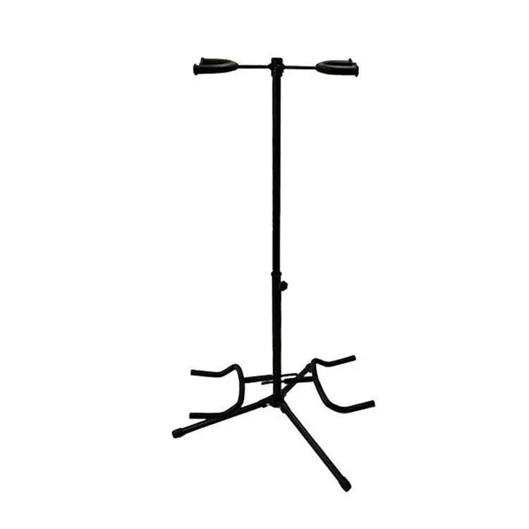 Black vertical double-headed adjustable guitar stand for acoustic and electric guitars.
