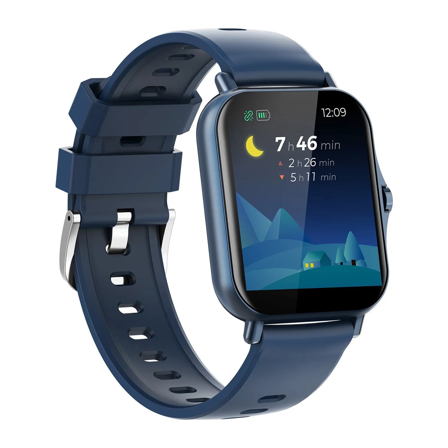 Smart watch showing heart rate and blood pressure on a 1.75-inch curved touch screen, with a black wristband.