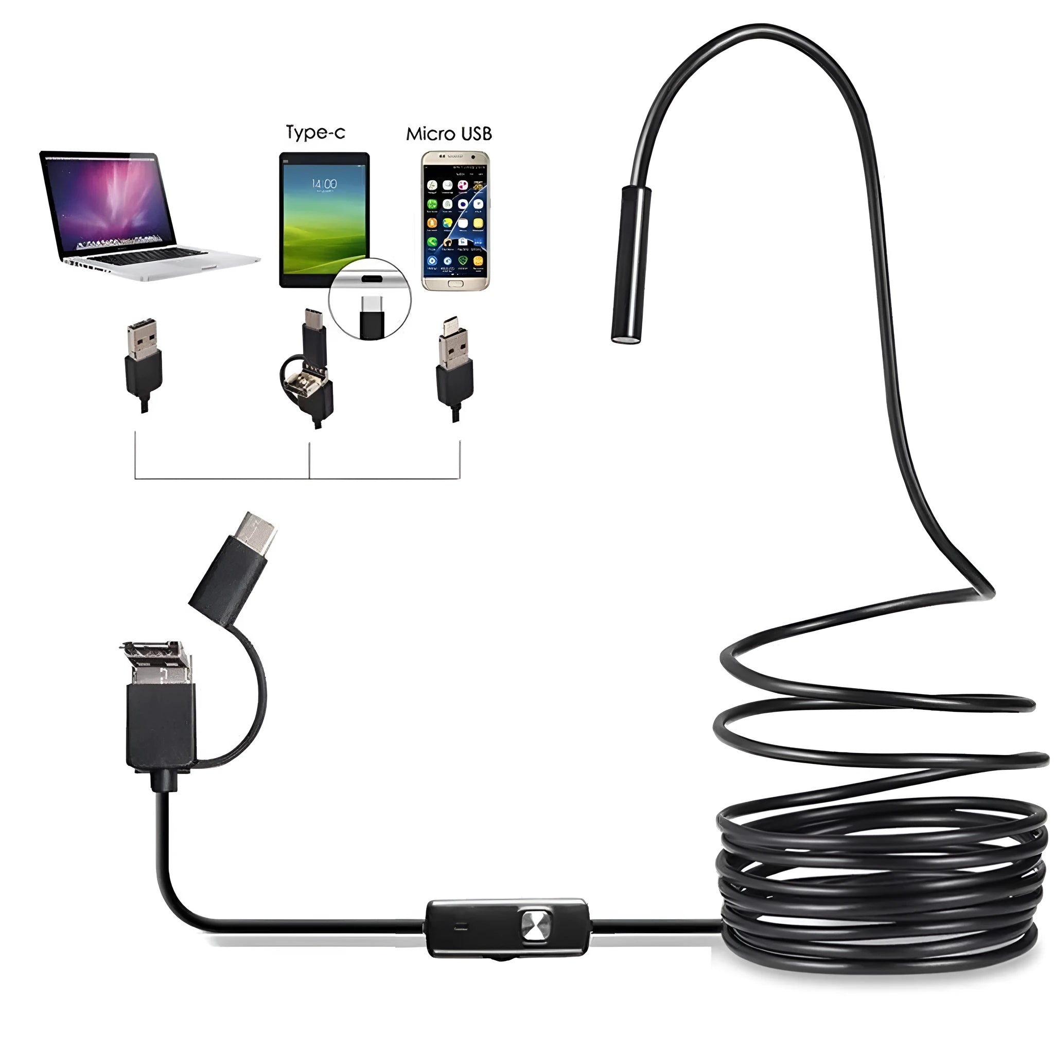 USB C Android mobile phone endoscope with flexible cable, IP67 waterproof rating, and accessories including hook and magnet.