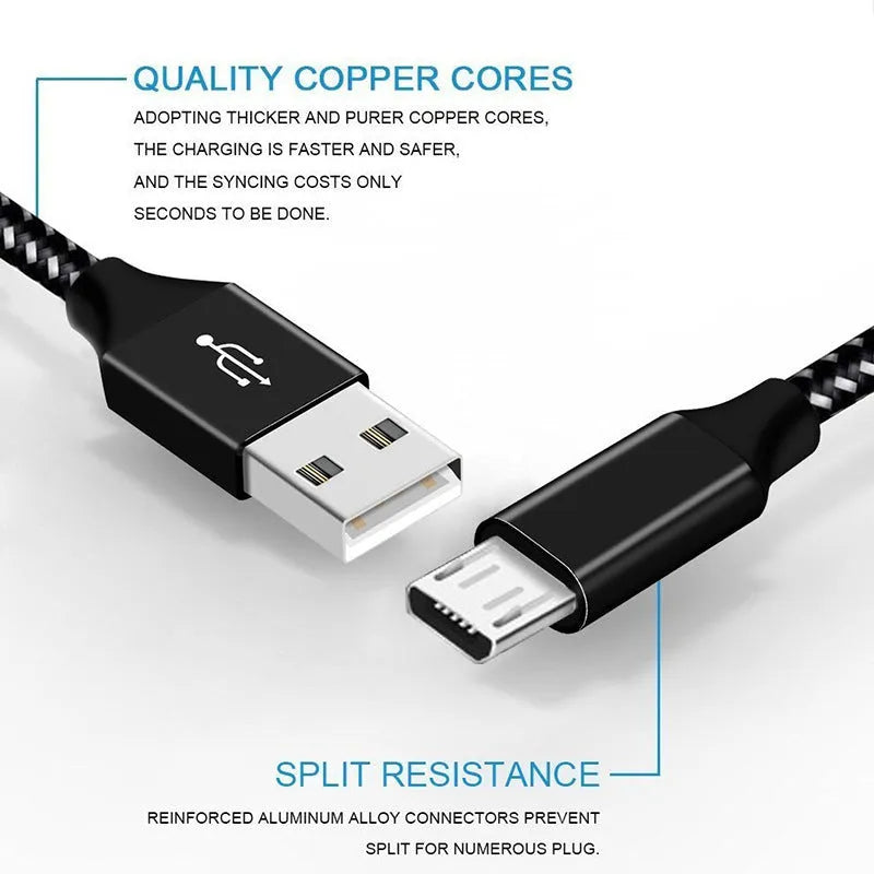 Braided fast charging Micro USB data cable for Android phones in black and white colour.