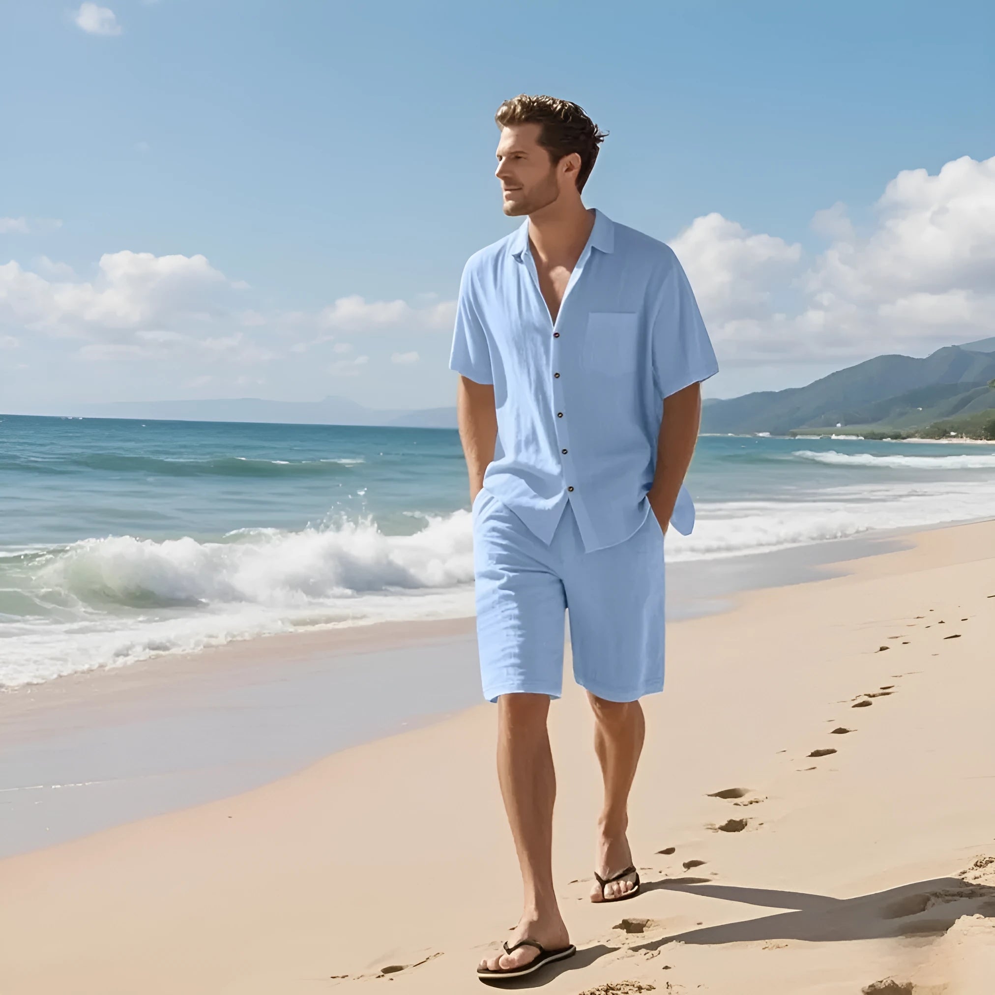 Men's linen blend short sleeve shirt and shorts set in light blue colour